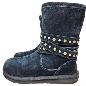 UGG Clovis Genuine Sheepskin Studded Strappy Boots Sz 8 Black Side Zip